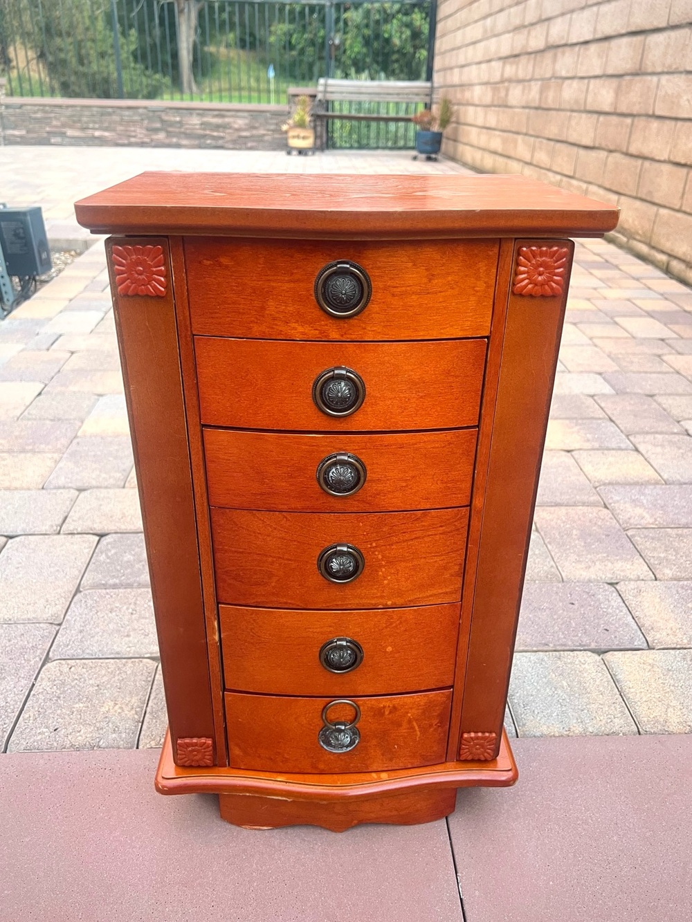 Vintage Wooden Jewelry Armoire Stand Holder with Mirror Trinket Box